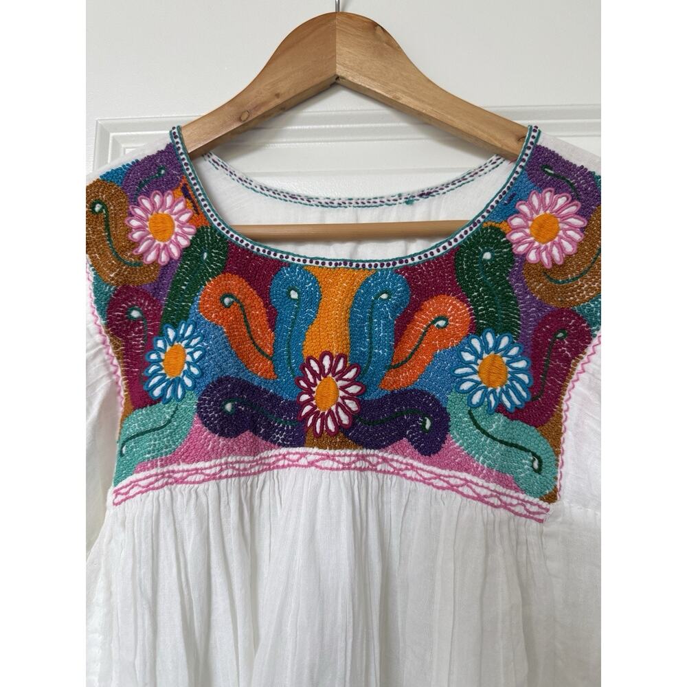 Handmade Mexican Embroidered Cotton Gauze Tunic Blouse Size S White Peasant - Picture 3 of 11